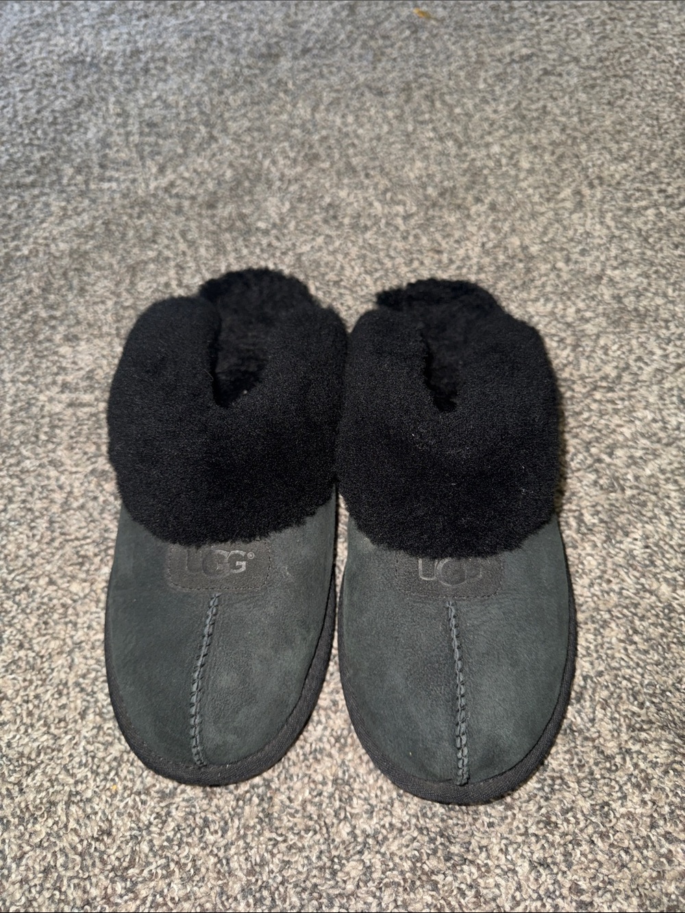 UGG Black Suede Slip-On Slippers with Plush Collar